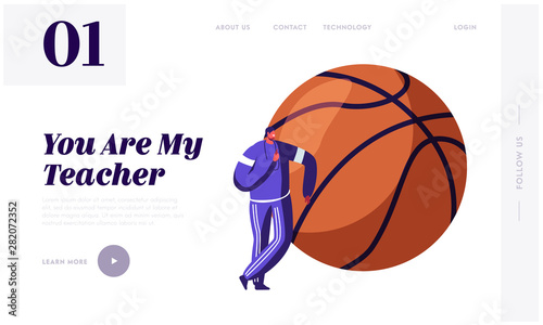 Physical Culture Lesson in School Website Landing Page. Gym Teacher in Sports Suit Holding Whistle in Hands Stand at Huge Baseball Ball. Sport Class Web Page Banner. Cartoon Flat Vector Illustration
