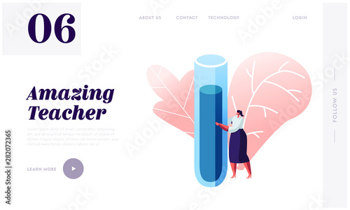 Back to School Concept for Website Landing Page. Young Woman Teacher of Chemistry Holding Huge Flask for Class Experiences on Lesson, Education Web Page Banner. Cartoon Flat Vector Illustration