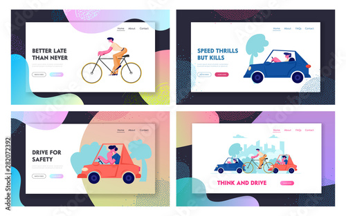 City Traffic Website Landing Page Set, People Driving Different Types of Transport as Cars and Bicycle on Road, Cycle and Automobiles Transportation Web Page. Cartoon Flat Vector Illustration, Banner