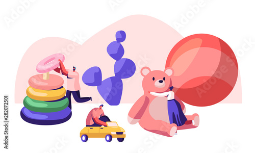 Tiny Male and Female Characters Playing with Different Playthings for Children