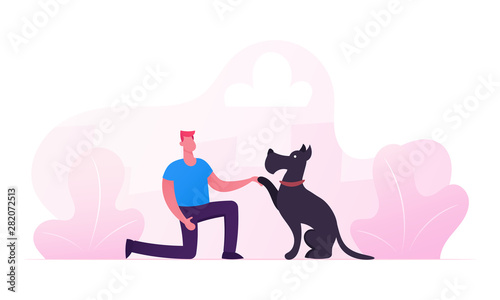 Happy Man Playing with Dog on Street in Park Having Leisure. Male Character Spend Time with Domestic Animal. Dog Giving Paw to Owner, Friendship Lifestyle Relation Cartoon Flat Vector Illustration