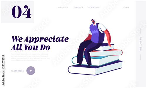 Back to School Concept for Website Landing Page. Male Teacher Character Sitting on Pile of Books in Class Room Conducting Lesson. Education Process Web Page Banner. Cartoon Flat Vector Illustration