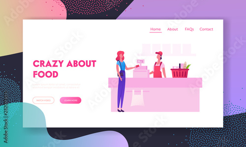 People in Supermarket Website Landing Page. Customer with Goods in Shopping Basket Stand in Grocery at Cashier Desk with Seller Paying for Purchases Web Page Banner. Cartoon Flat Vector Illustration