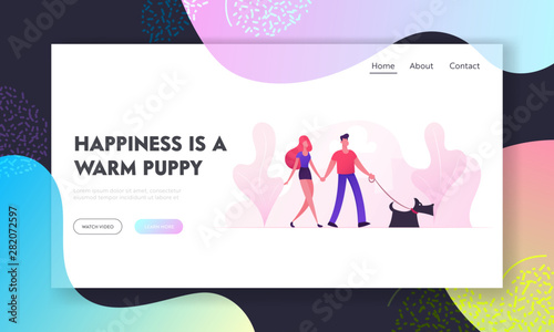 Loving Couple Walking with Dog in City Park Website Landing Page. Young Family Playing with Pet Outdoors Having Leisure. Human and Animal Relations Web Page Banner. Cartoon Flat Vector Illustration