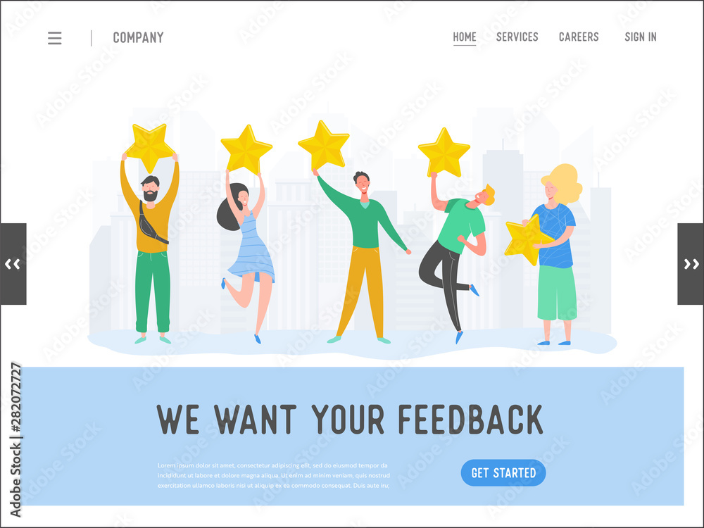 Landing page template review concept illustration. Woman and man characters writing good feedback with gold stars. Customer rate services for website or web page. Five stars positive opinion. Vector