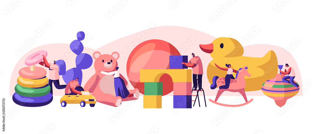 Tiny Male and Female Characters Playing with Huge Baby Toys in Kindergarten Playground with Different Playthings for Children. Childhood, Men and Women Gaming Activity Cartoon Flat Vector Illustration