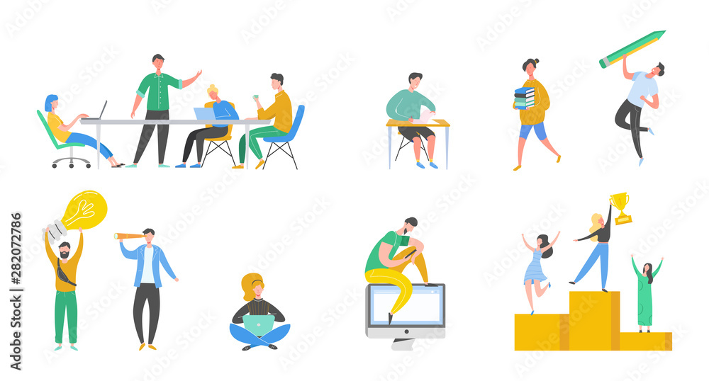 Collection of scenes at office. Set of men and women taking part in negotiation, business meeting,  brainstorming, working, talking. Colorful vector illustration in flat cartoon style.
