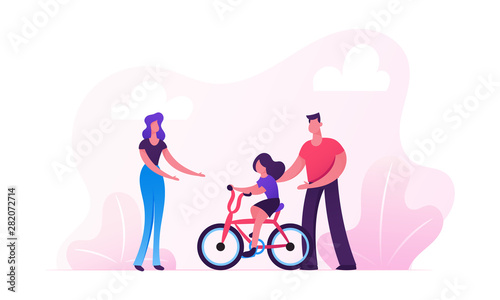 Parents Teaching Child Riding Bicycle in City Park. Happy Family Having Outdoors Activity Spending Time Together on Street. Mother Father and Little Daughter Weekend Cartoon Flat Vector Illustration
