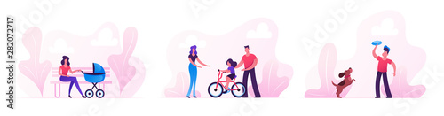 People Walking in Park, Summer Time Outdoors Activity. Woman with Baby Stroller, Parents Teach Child Riding Bicycle, Teenager Playing Frisbee with Dog, City Life. Cartoon Flat Vector Illustration