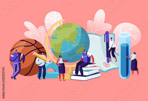Teachers Characters with Educational Tools and Stationery as Ball Globe Books. Different Disciplines as Geography, Physical Culture, Chemistry, Literature, Language Cartoon Flat Vector Illustration