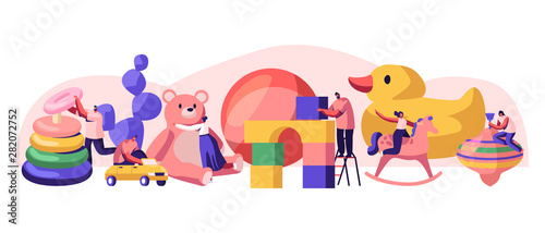 Tiny Male and Female Characters Playing with Huge Baby Toys in Kindergarten Playground with Different Playthings for Children. Childhood, Men and Women Gaming Activity Cartoon Flat Vector Illustration © Pavlo Syvak