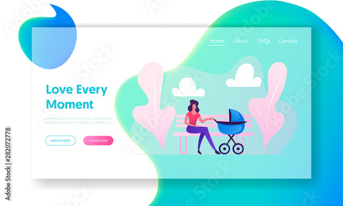 Maternity Childhood Website Landing Page. Young Woman Sitting on Bench with Baby Stroller Lulling Child in City Park. Mother Walking with Newborn Kid Web Page Banner. Cartoon Flat Vector Illustration