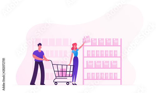 Happy Couple Making Purchases in Store Woman Taking Products from Shop Shelf Man Pushing Shopping Cart. Family Buying Food on Weekend. People Visiting Supermarket Cartoon Flat Vector Illustration