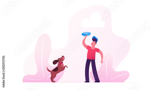 Boy Walking with Dachshund Dog Outdoors. Male Character Playing Frisbee with Pet Spending Time at Summertime Park Relaxing. Leisure, Communicating with Home Animal. Cartoon Flat Vector Illustration