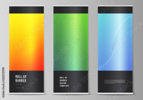 The vector illustration of the editable layout of roll up banner stands, vertical flyers, flags design business templates. Abstract geometric pattern with colorful gradient business background.