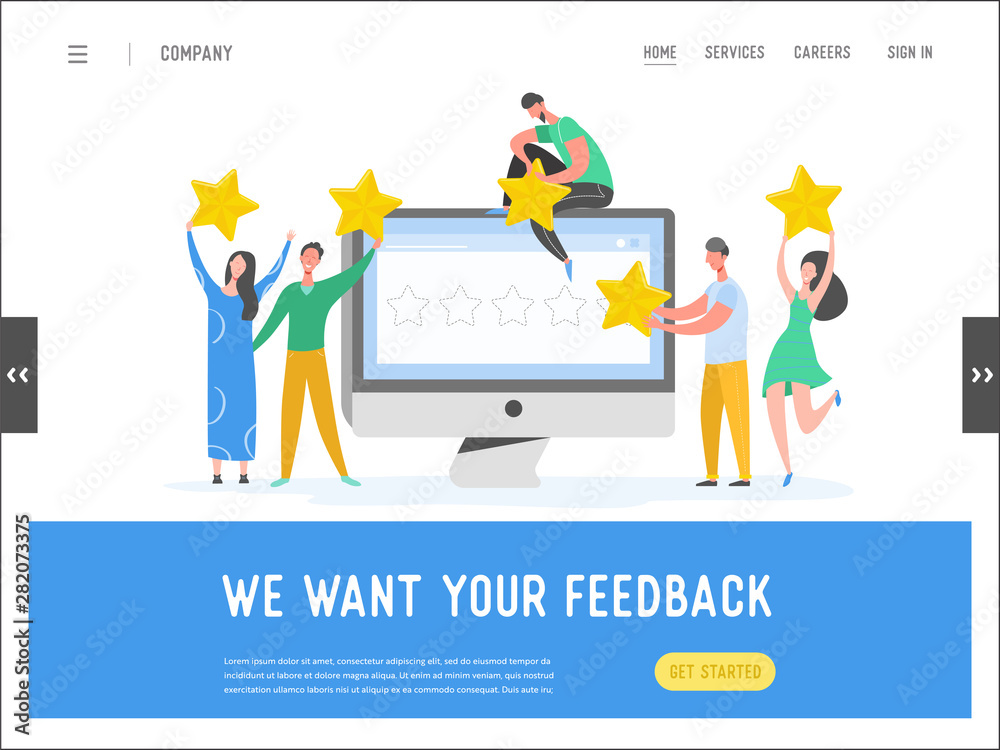 Landing page template review concept illustration. Woman and man characters writing good feedback with gold stars. Customer rate services for website or web page. Five stars positive opinion. Vector Landing page template review concept illustration. Woman and man characters writing good feedback with gold stars. Customer rate services for website or web page. Five stars positive opinion. Vector