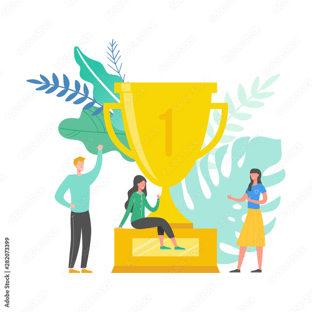 Team Success vector concept illustration. Business leader people celebrating victory. Man and woman achieving reward. Businessman and businesswoman winning trophy. Victory prize Team Success vector concept illustration. Business leader people celebrating victory. Man and woman achieving reward. Businessman and businesswoman winning trophy. Victory prize