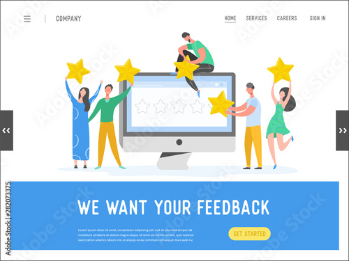 Landing page template review concept illustration. Woman and man characters writing good feedback with gold stars. Customer rate services for website or web page. Five stars positive opinion. Vector