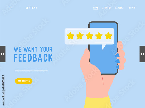 Landing page template review concept illustration. Website with good feedback and gold stars. Customer rate services for web page. Five stars positive opinion. Vector