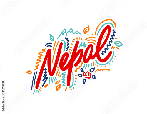 Nepal. Name country word text card, banner script. Beautiful typography inscription greeting calligraphy poster black, gold ribbon, star. Handwritten design modern brush lettering isolated vector.