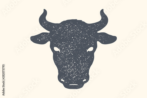 Cow, bull. Vintage retro print, poster, banner. Black and white