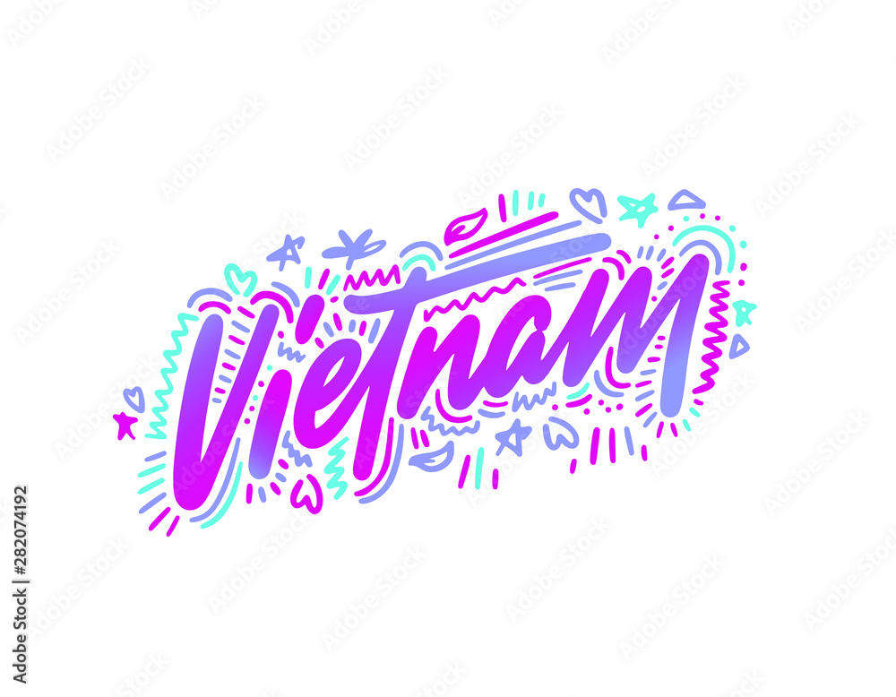 Vietnam. Name country word text card, banner script. Beautiful typography inscription greeting calligraphy poster black, gold ribbon, star. Handwritten design modern brush lettering isolated vector. Vietnam. Name country word text card, banner script. Beautiful typography inscription greeting calligraphy poster black, gold ribbon, star. Handwritten design modern brush lettering isolated vector.