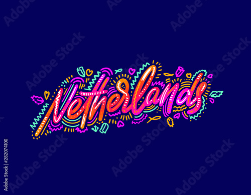 Netherlands. Name country word text card, banner script.Typography inscription greeting calligraphy poster black, gold ribbon, star. Handwritten design modern brush lettering isolated vector.
