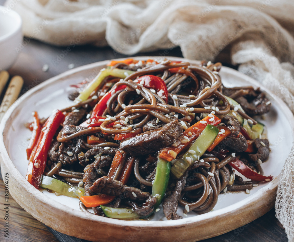 Buckwheat noodles in Asian with beef and vegetables