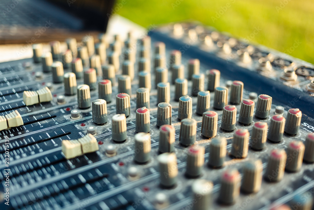 Audio mixer, music equipment. Close up. Soft focus. Audio mixer, music equipment. Close up. Soft focus.