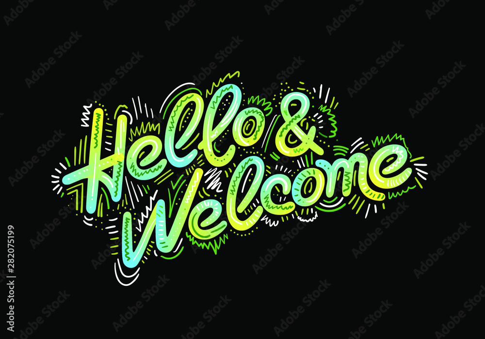 Naklejka premium Lettering hello and welcome wrote by brush. Hello welcome calligraphy.