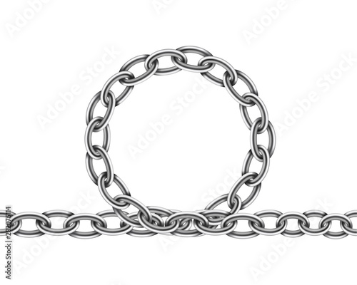 Realistic metal chain texture. Silver color chains link isolated on white background. Strong iron chainlet solid three dimensional design element.