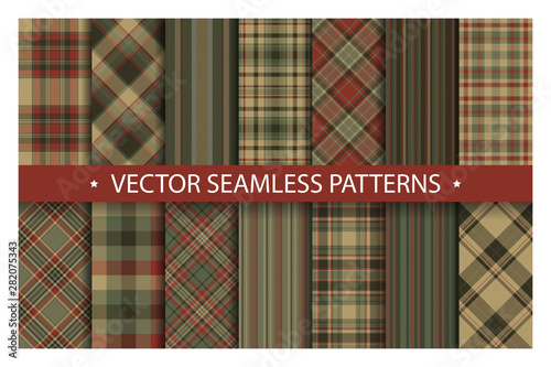 Set plaid pattern seamless. Tartan patterns fabric texture. Checkered geometric vector background. Scottish stripe blanket backdrop