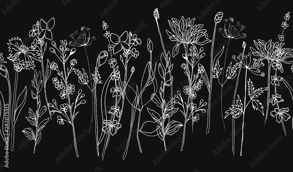 Hand draw ink wildflowers, wallpaper border, pattern black - obrazy, fototapety, plakaty 