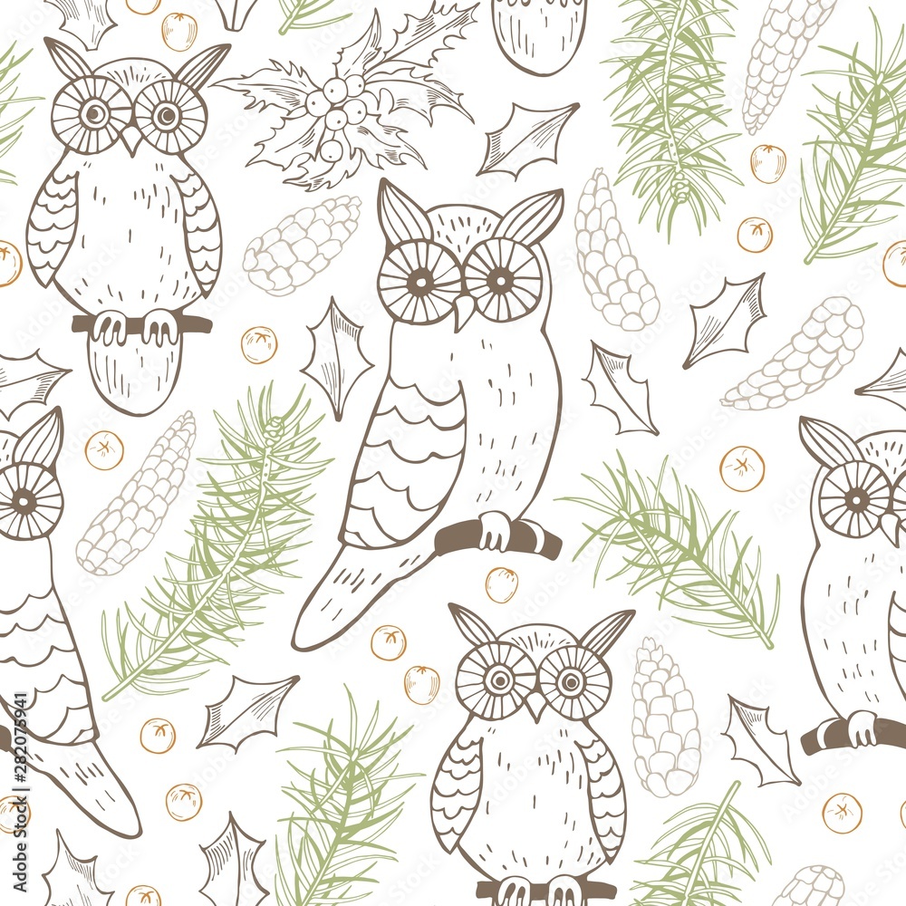 Fototapeta premium Hand drawn forest owls.Vector seamless pattern