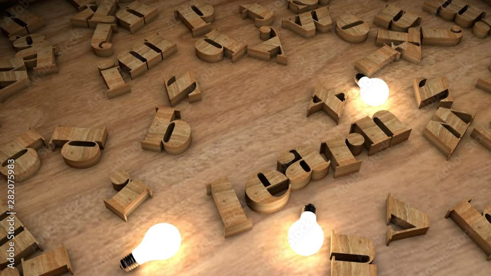 Learn word from wooden cubes, wood letters text string on table with light bulbs