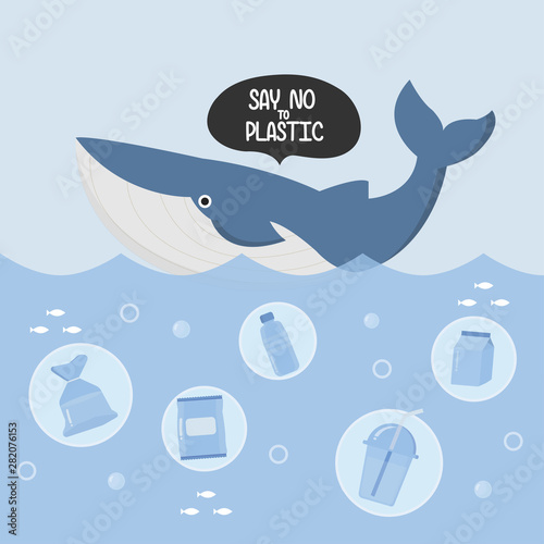 Stop ocean plastic pollution. Plastic garbage and whale in the ocean. 