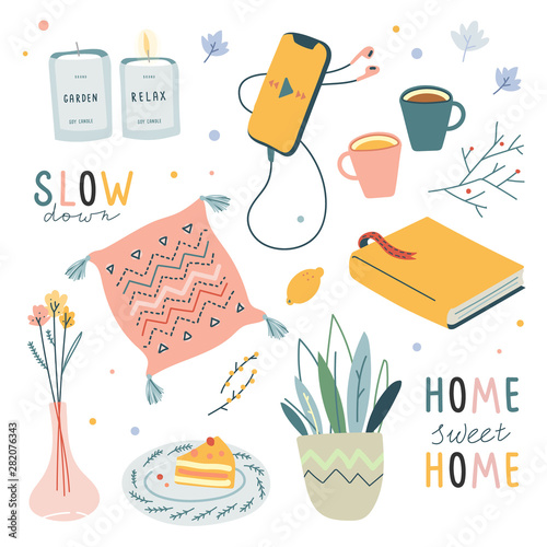 Hygge handdrawn illustrations, scandinavian doodle sketchy elements. Idea of coziness and comfortable lifestyle, winter and autumn mood. Cushion, smartphone, house plant, tea mug and cake on plate.