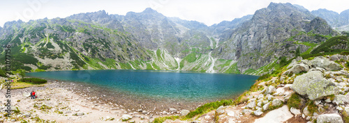 Picturesque panoramic view of Czarny Staw pod Rysami lake (Black Lake below Mount Rysy) in Tatra Mountains, Poland. 1583m above sea level. Mount Rysy (2499m), the highest point of Poland on background