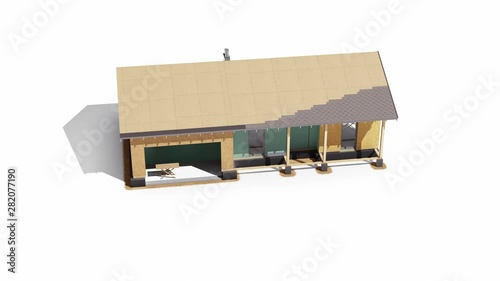 Process of thermal insulation on wood frame construction residential house, soft roofing. 60 fps animation.