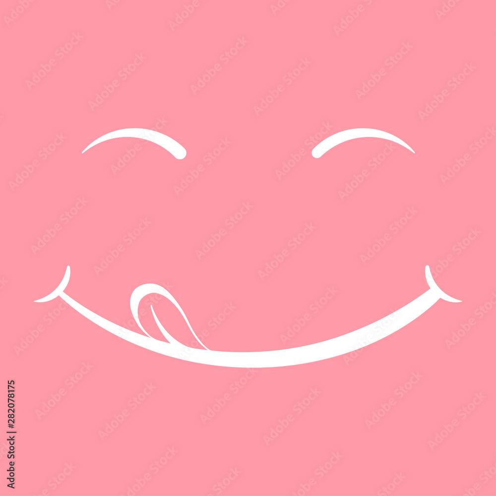 Obraz premium Vector emoticon licking mouth with tongue. A joyful, contented and well-fed full face. Yummy tasty icon. Delicious foodie yum logo.