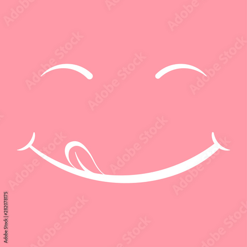 Vector emoticon licking mouth with tongue. A joyful, contented and well-fed full face. Yummy tasty icon. Delicious foodie yum logo.