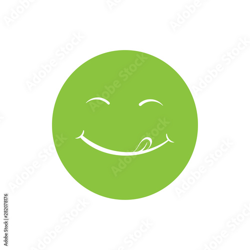 Vector emoticon licking mouth with tongue. A joyful, contented and well-fed full face. Yummy tasty icon. Delicious foodie yum logo.