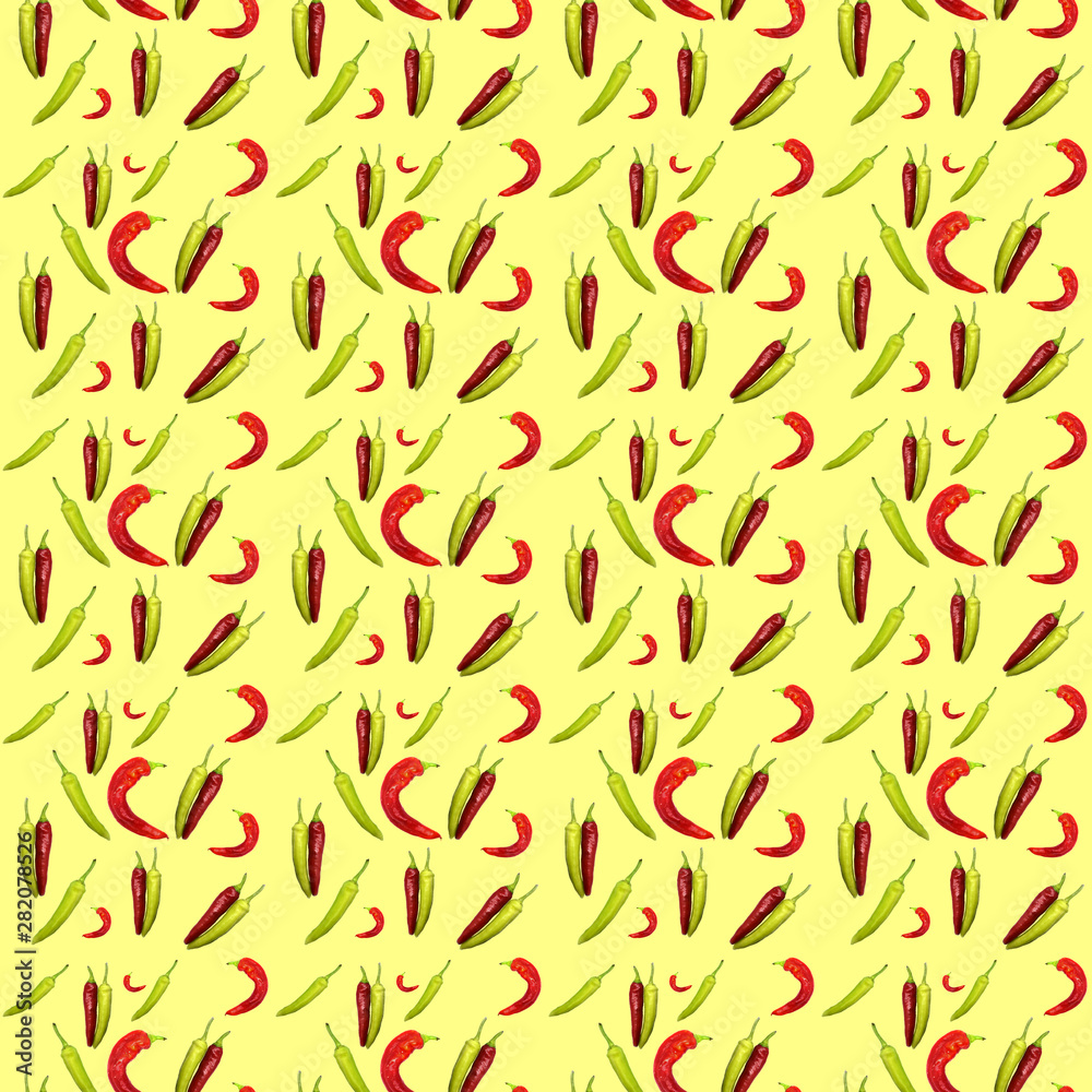 Seamless pattern red and green peppers on yellow background. Illustration for Your Design, Wrapping Paper, Web, Wallpaper, Fabric