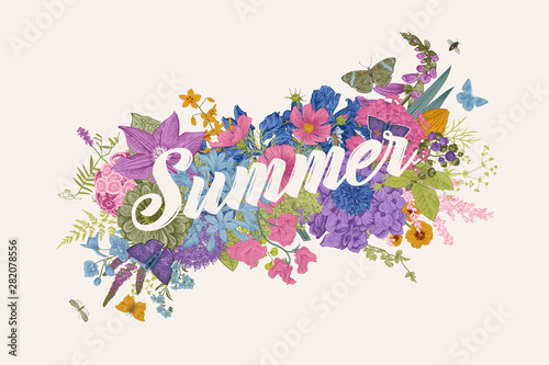 Summer. Decorative floral element. Garden flowers. Vintage vector botanical illustration. Colorful