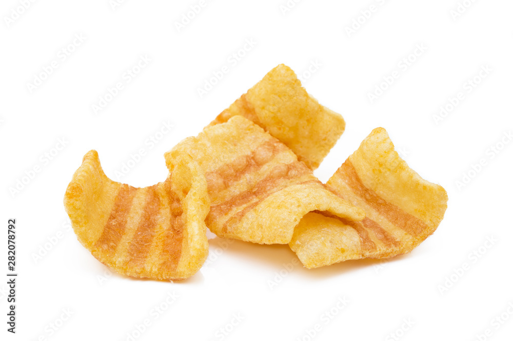 Fried wheat-potato snack with smoked bacon flavor isolated on white background