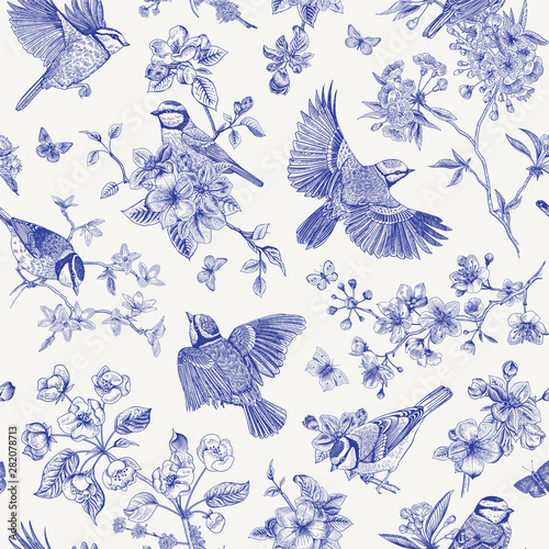 Seamless pattern. Classis vintage illustration. Blossom garden with tits. Birds and flowers. Chinoiserie