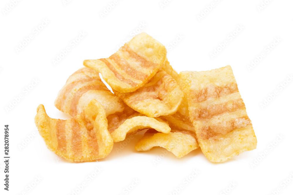Fried wheat-potato snack with smoked bacon flavor isolated on white background Fried wheat-potato snack with smoked bacon flavor isolated on white background