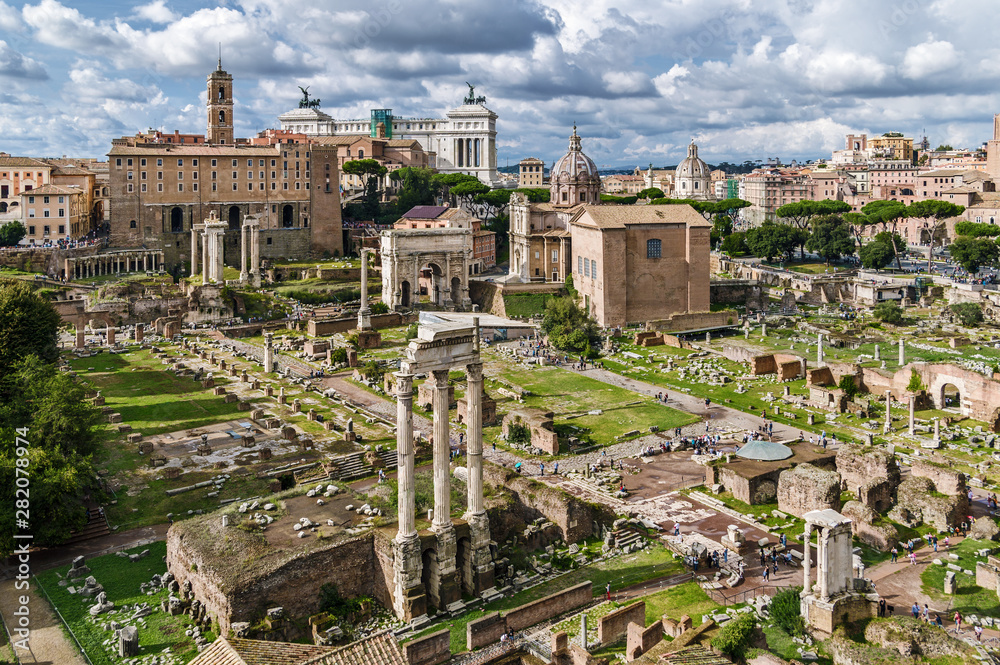 The Ruins of the Roman Imperial Forum known as Foro Romano, the center of Ancient Rome, Italy. Panoramic veiw.