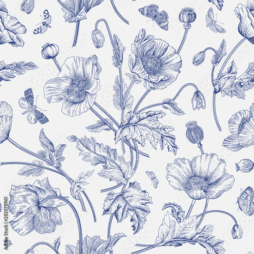 Vintage floral illustration. Seamless pattern. Poppies with butterflies. Blue and white