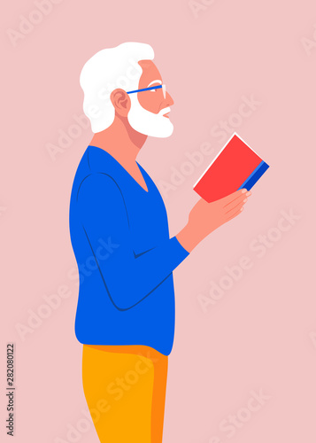 An old man stands in profile and holds a book in her hands. Grandfather in glasses reading a book. Vector flat illustration